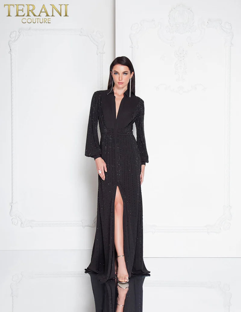 Terani Couture 1812E6274 Black Long Sleeve Plunging V-Neck Beaded Collared Evening Gown with Front Slit