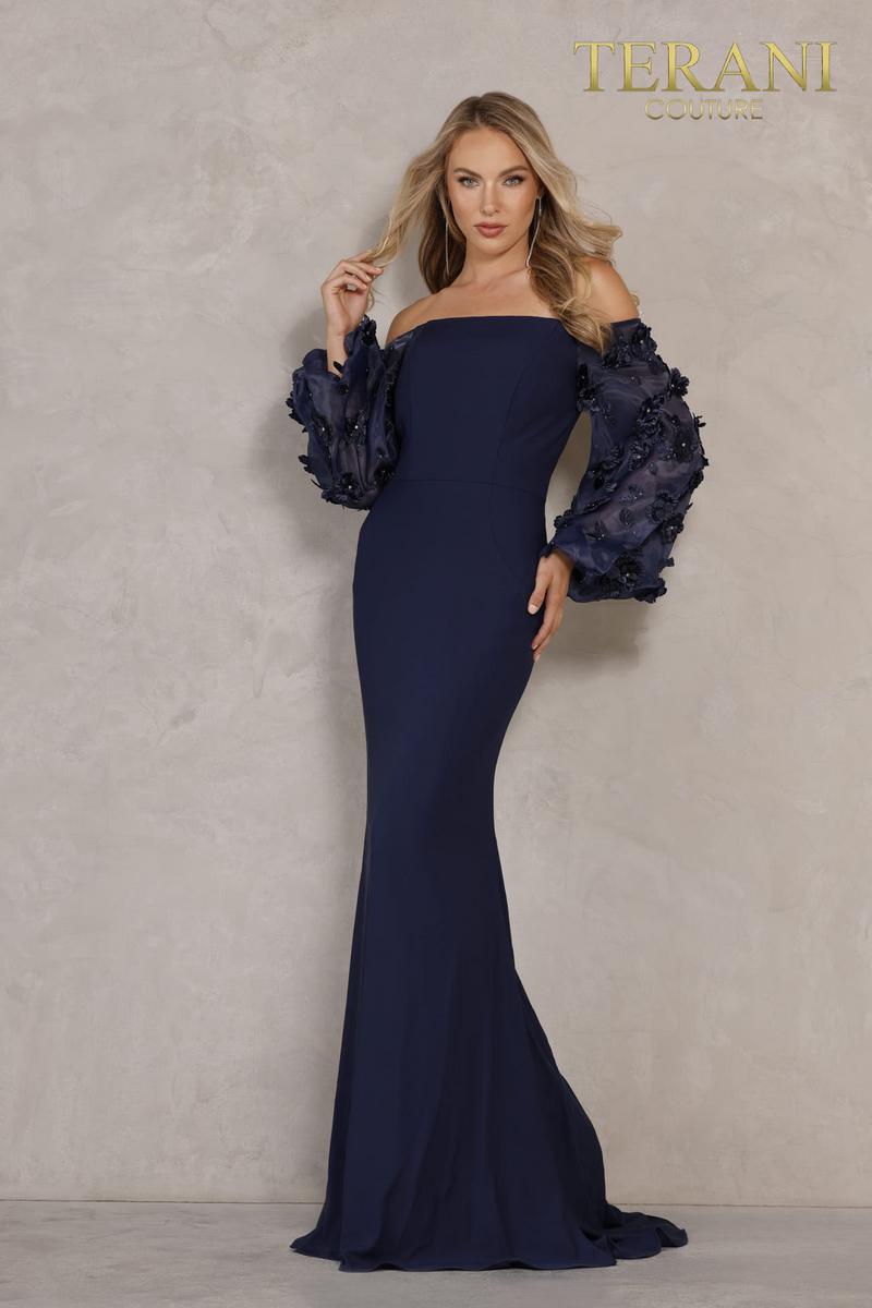 Terani Couture 1911E9128 Navy Off-Shoulder Crepe Trumpet Gown with 3D Floral Statement Sleeves