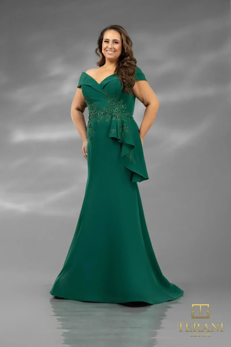 Terani Couture 1911M9339 Green Plus Size Off-Shoulder Beaded Stretch Crepe Mermaid Gown with Side Peplum