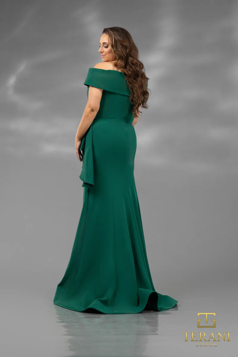 Terani Couture 1911M9339 Green Plus Size Off-Shoulder Beaded Stretch Crepe Mermaid Gown with Side Peplum
