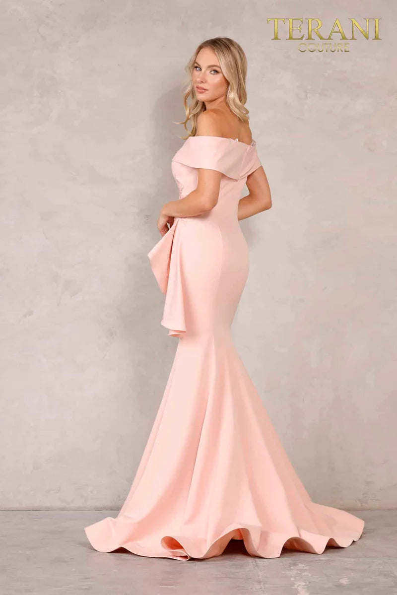 Terani Couture 1911M9339 Green Plus Size Off-Shoulder Beaded Stretch Crepe Mermaid Gown with Side Peplum
