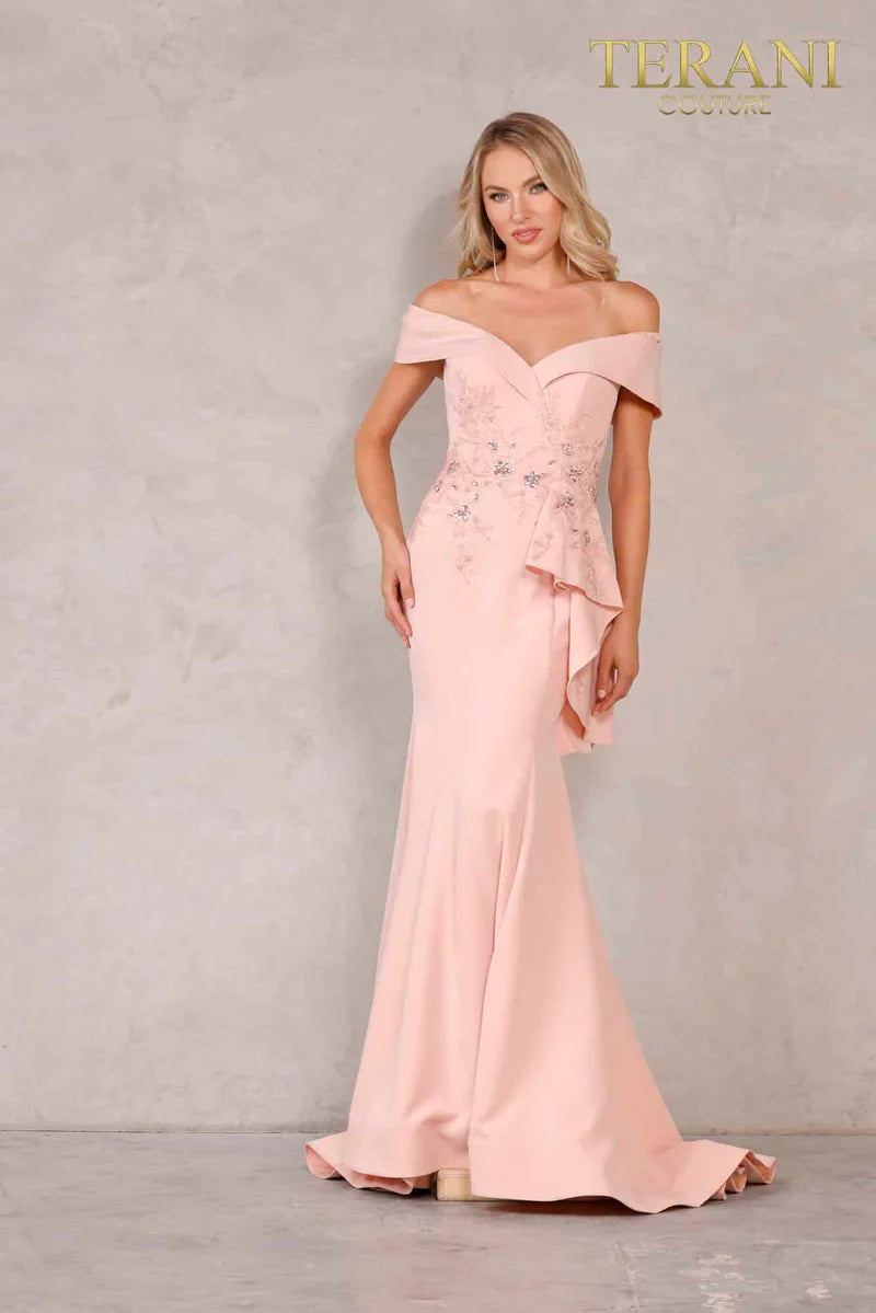 Terani Couture 1911M9339 Green Plus Size Off-Shoulder Beaded Stretch Crepe Mermaid Gown with Side Peplum