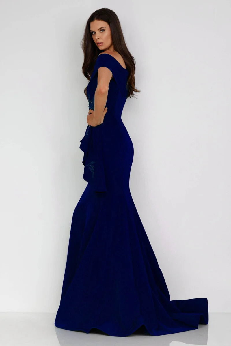 Terani Couture 1911M9339 Green Plus Size Off-Shoulder Beaded Stretch Crepe Mermaid Gown with Side Peplum