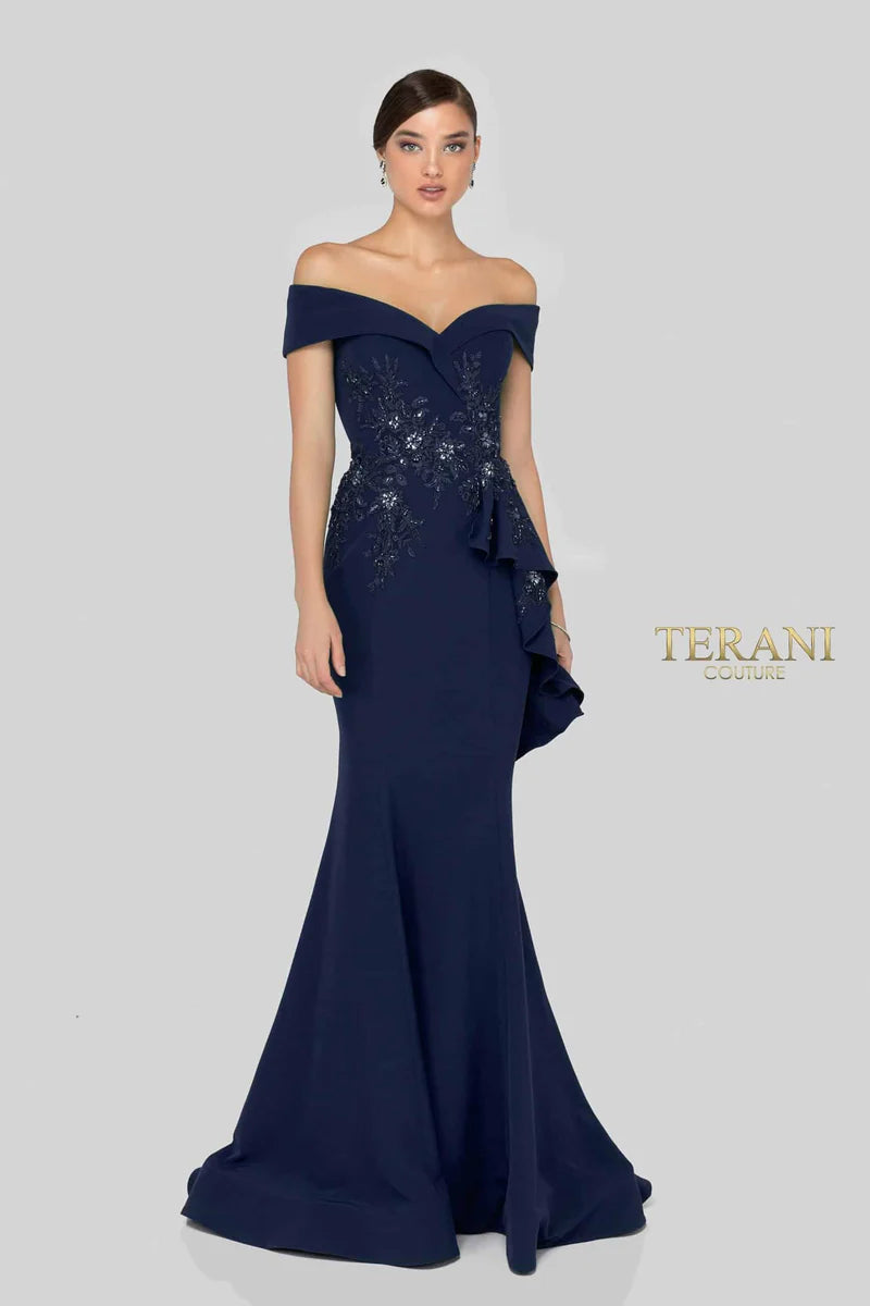 Terani Couture 1911M9339 Green Plus Size Off-Shoulder Beaded Stretch Crepe Mermaid Gown with Side Peplum