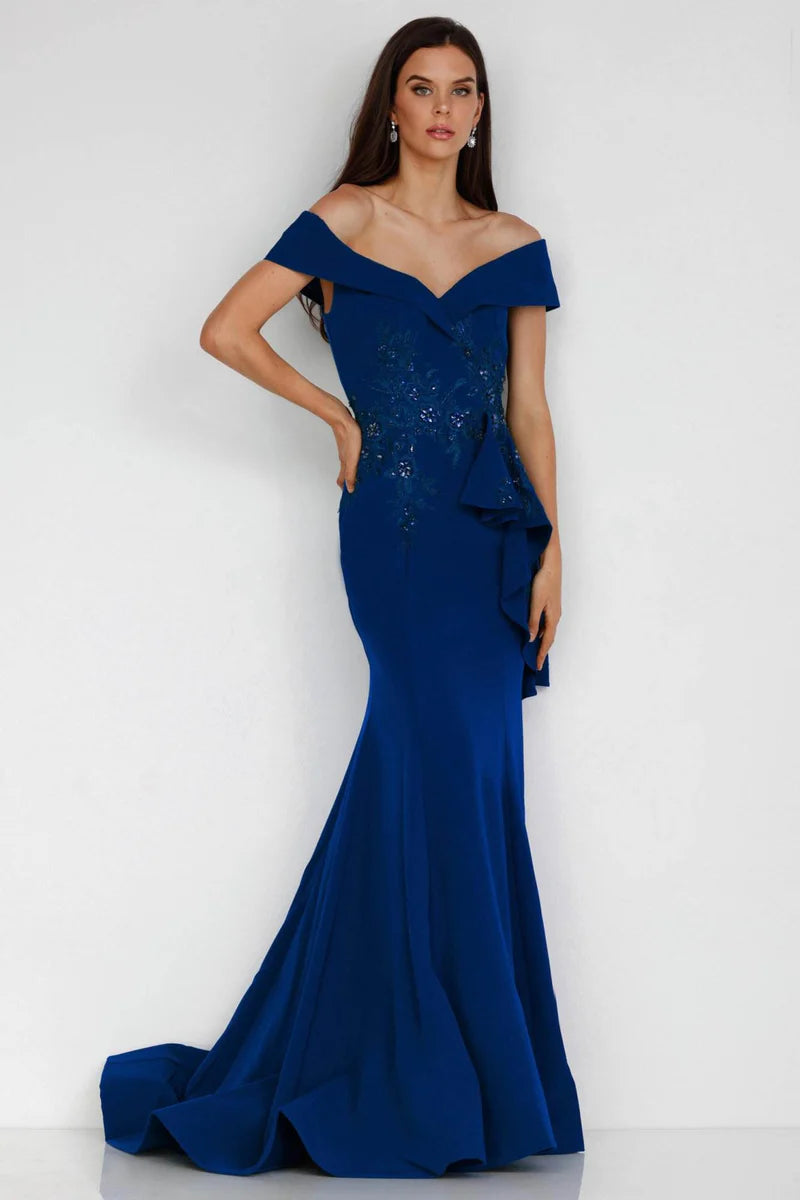 Terani Couture 1911M9339 Green Plus Size Off-Shoulder Beaded Stretch Crepe Mermaid Gown with Side Peplum