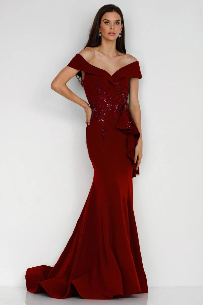 Terani Couture 1911M9339 Green Plus Size Off-Shoulder Beaded Stretch Crepe Mermaid Gown with Side Peplum