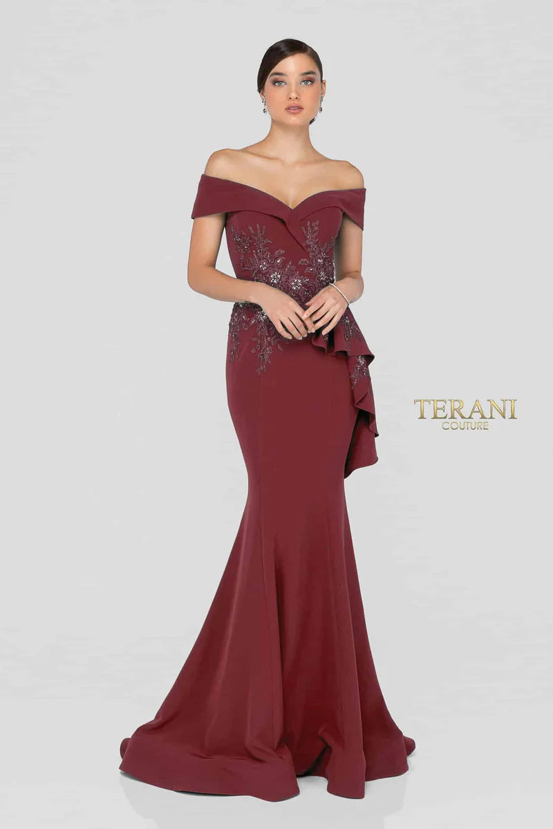 Terani Couture 1911M9339 Green Plus Size Off-Shoulder Beaded Stretch Crepe Mermaid Gown with Side Peplum