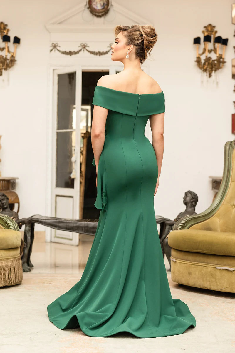 Terani Couture 1911M9339 Green Plus Size Off-Shoulder Beaded Stretch Crepe Mermaid Gown with Side Peplum
