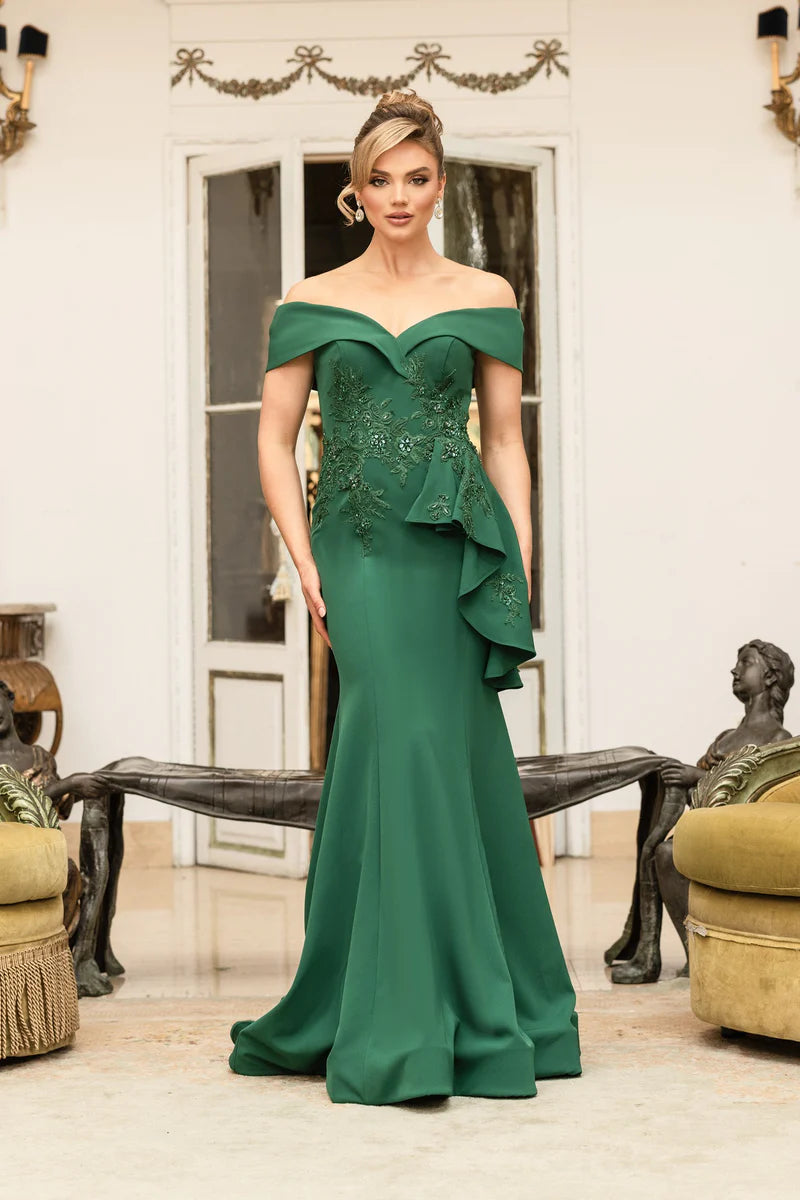 Terani Couture 1911M9339 Green Plus Size Off-Shoulder Beaded Stretch Crepe Mermaid Gown with Side Peplum