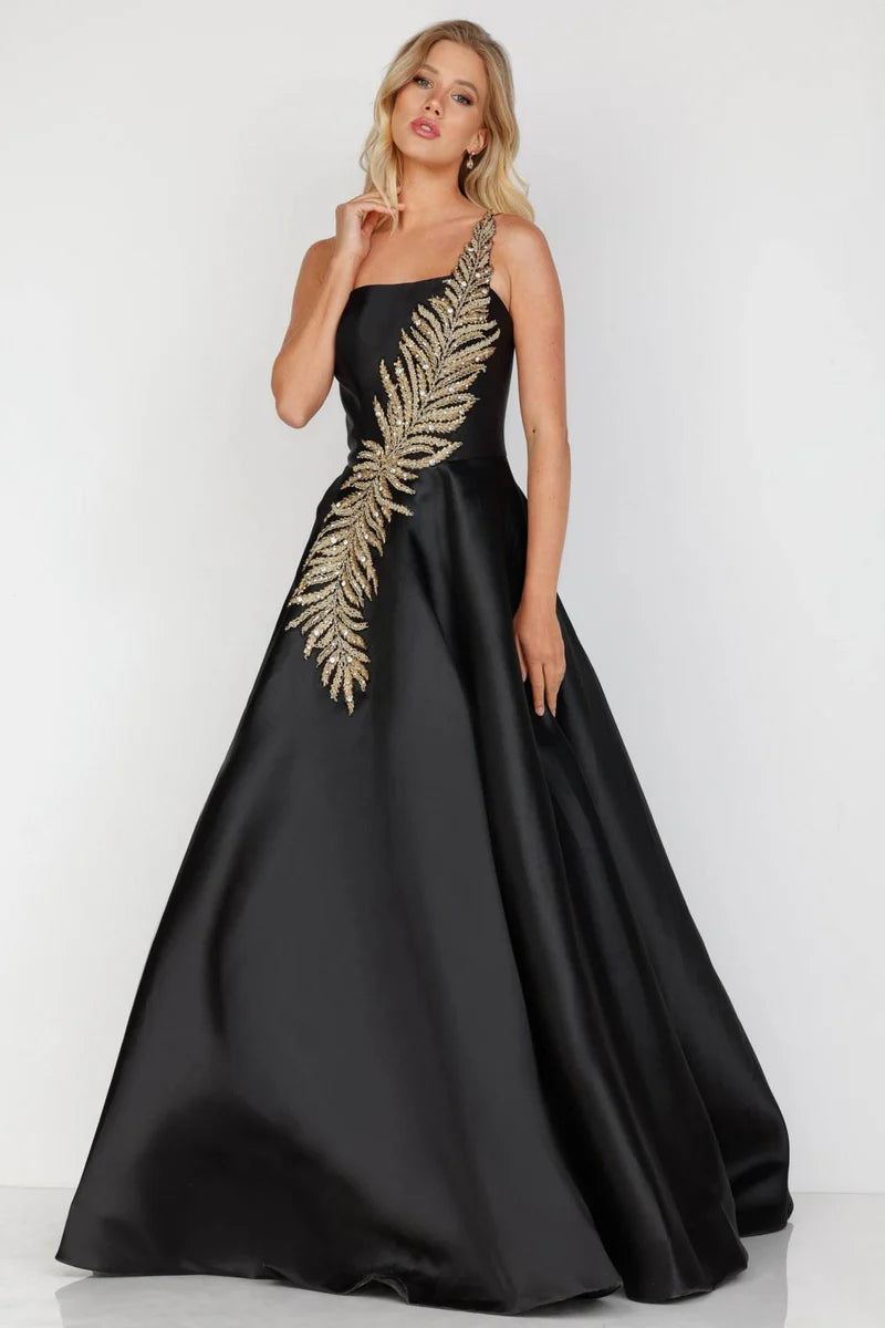 Terani Couture 1912E9202 Silver One-Shoulder Beaded Leaf Motif Mikado Ball Gown with Pockets
