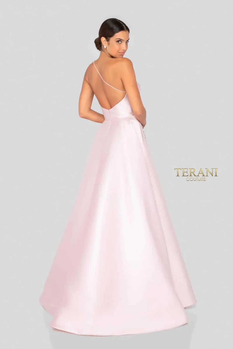 Terani Couture 1912E9202 Silver One-Shoulder Beaded Leaf Motif Mikado Ball Gown with Pockets
