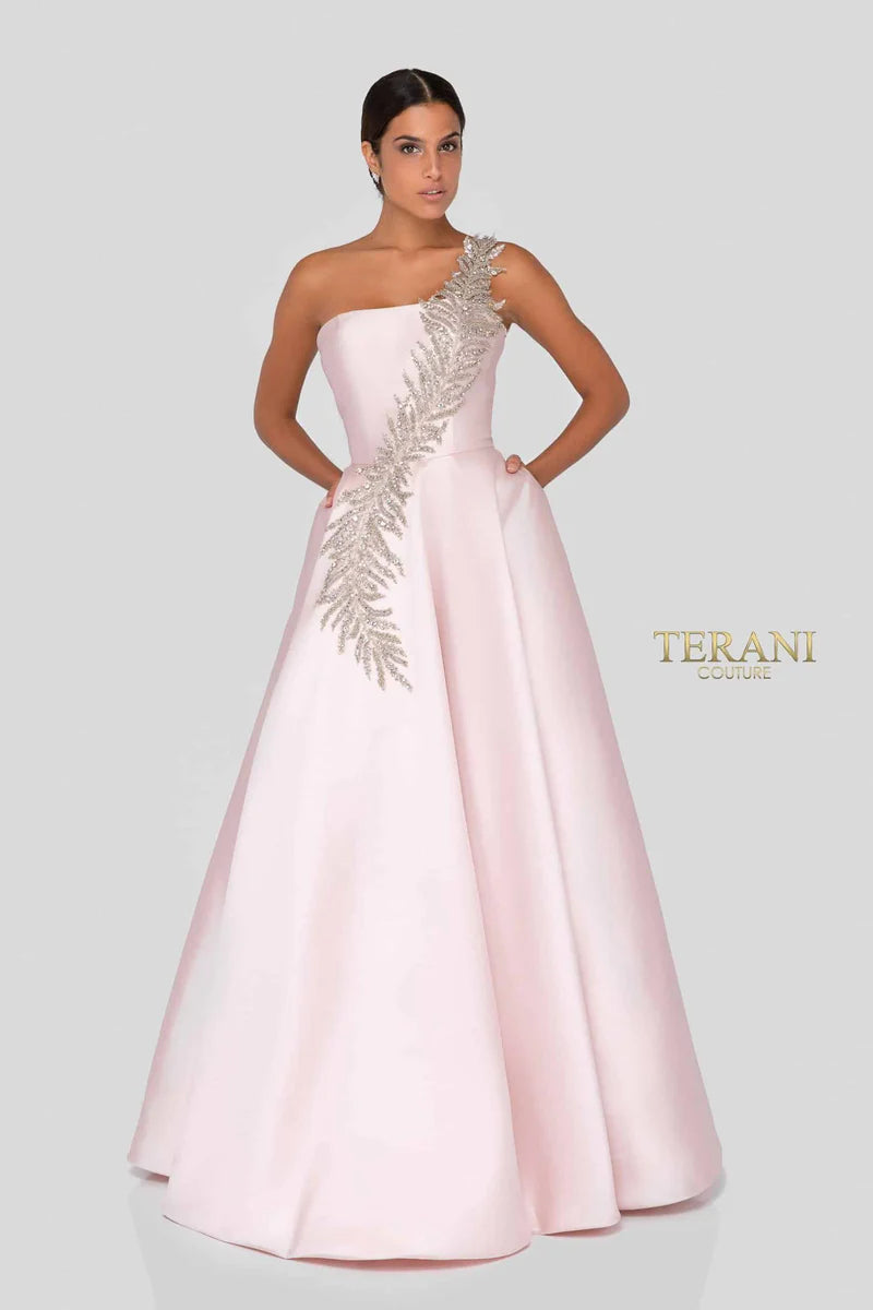 Terani Couture 1912E9202 Silver One-Shoulder Beaded Leaf Motif Mikado Ball Gown with Pockets