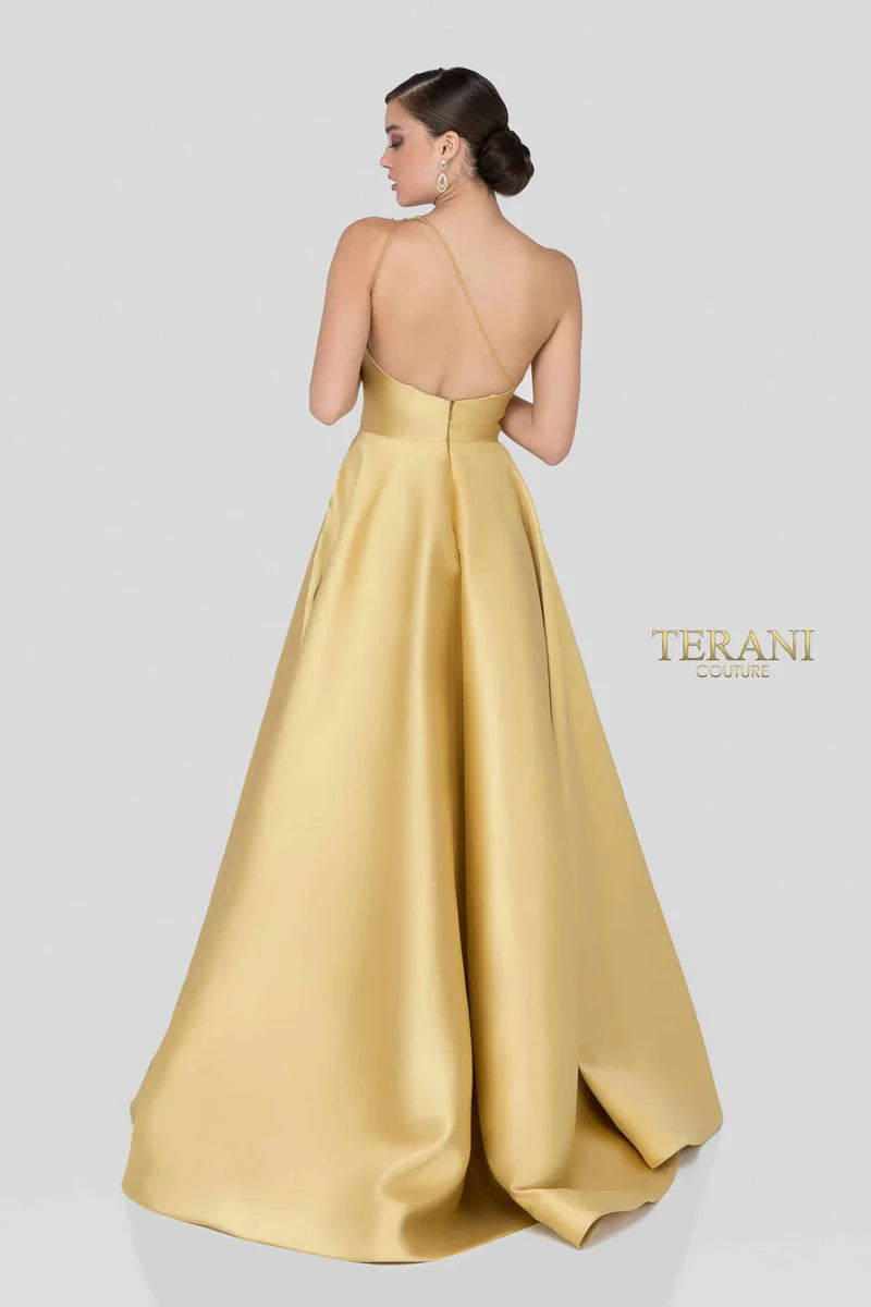 Terani Couture 1912E9202 Silver One-Shoulder Beaded Leaf Motif Mikado Ball Gown with Pockets