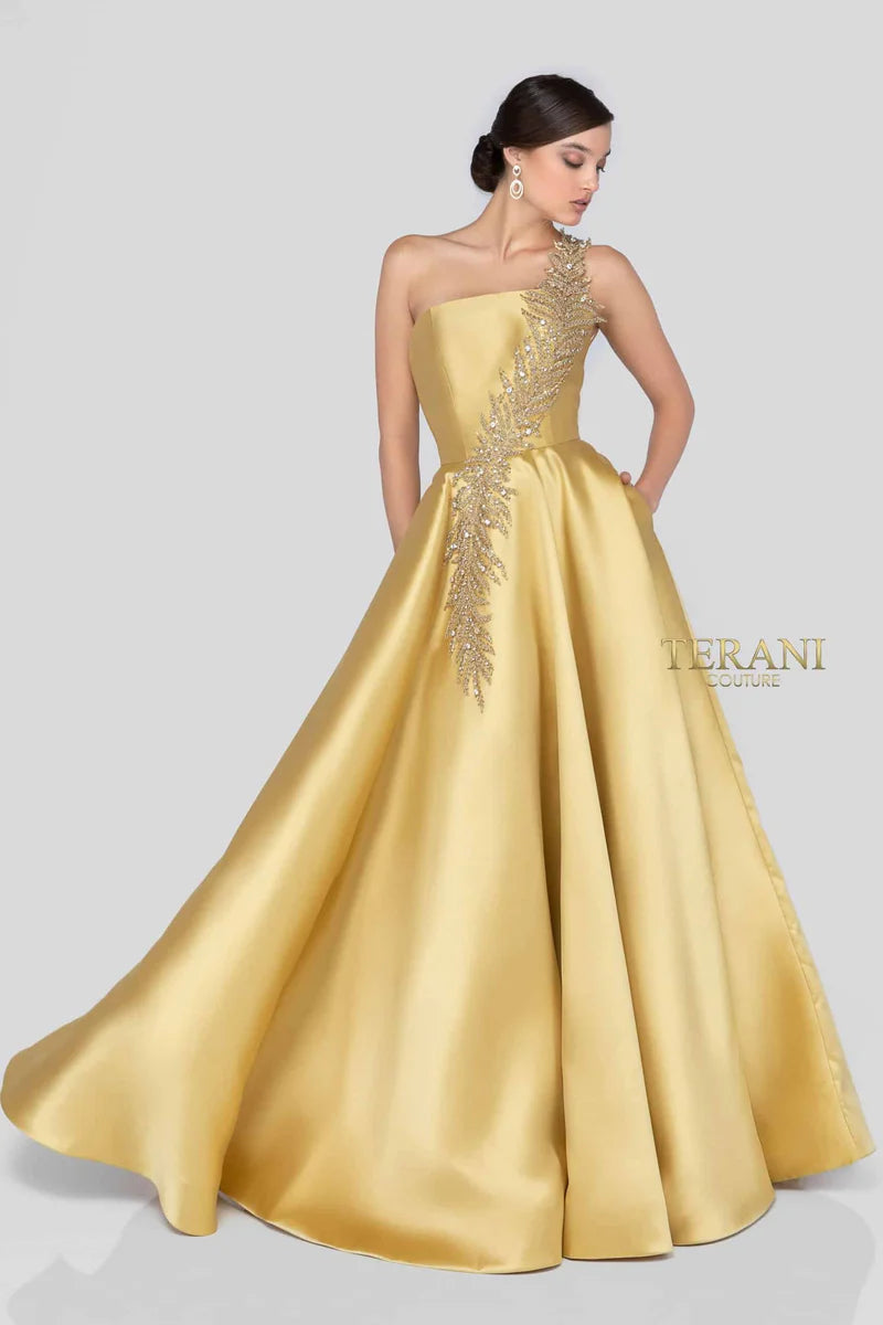 Terani Couture 1912E9202 Silver One-Shoulder Beaded Leaf Motif Mikado Ball Gown with Pockets