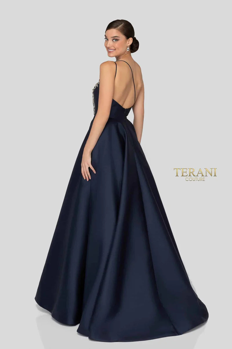Terani Couture 1912E9202 Silver One-Shoulder Beaded Leaf Motif Mikado Ball Gown with Pockets