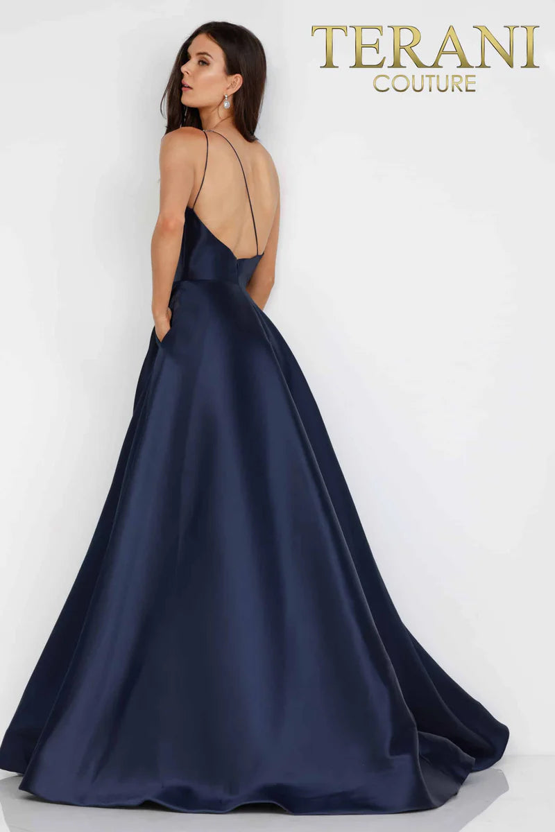 Terani Couture 1912E9202 Silver One-Shoulder Beaded Leaf Motif Mikado Ball Gown with Pockets