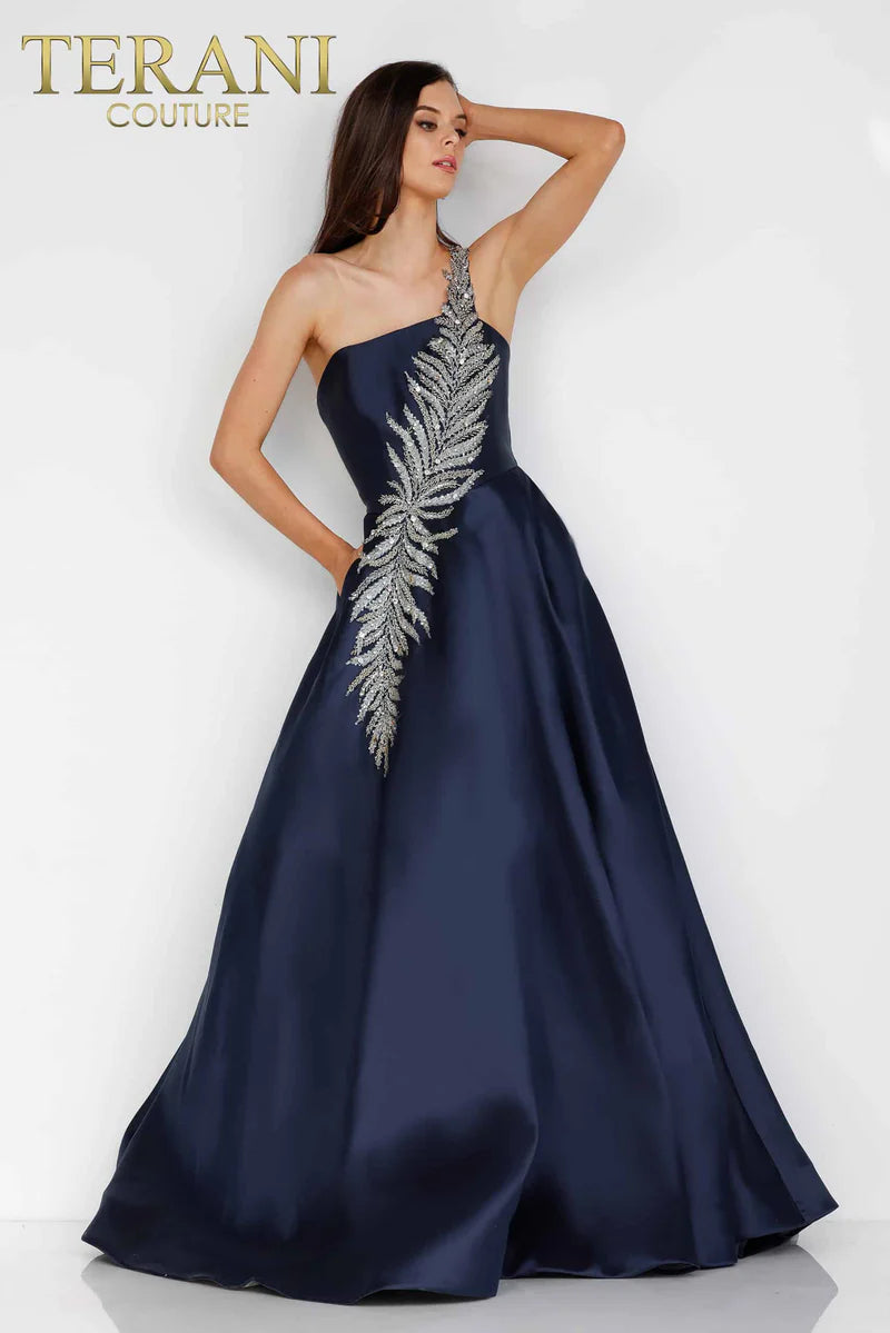 Terani Couture 1912E9202 Silver One-Shoulder Beaded Leaf Motif Mikado Ball Gown with Pockets
