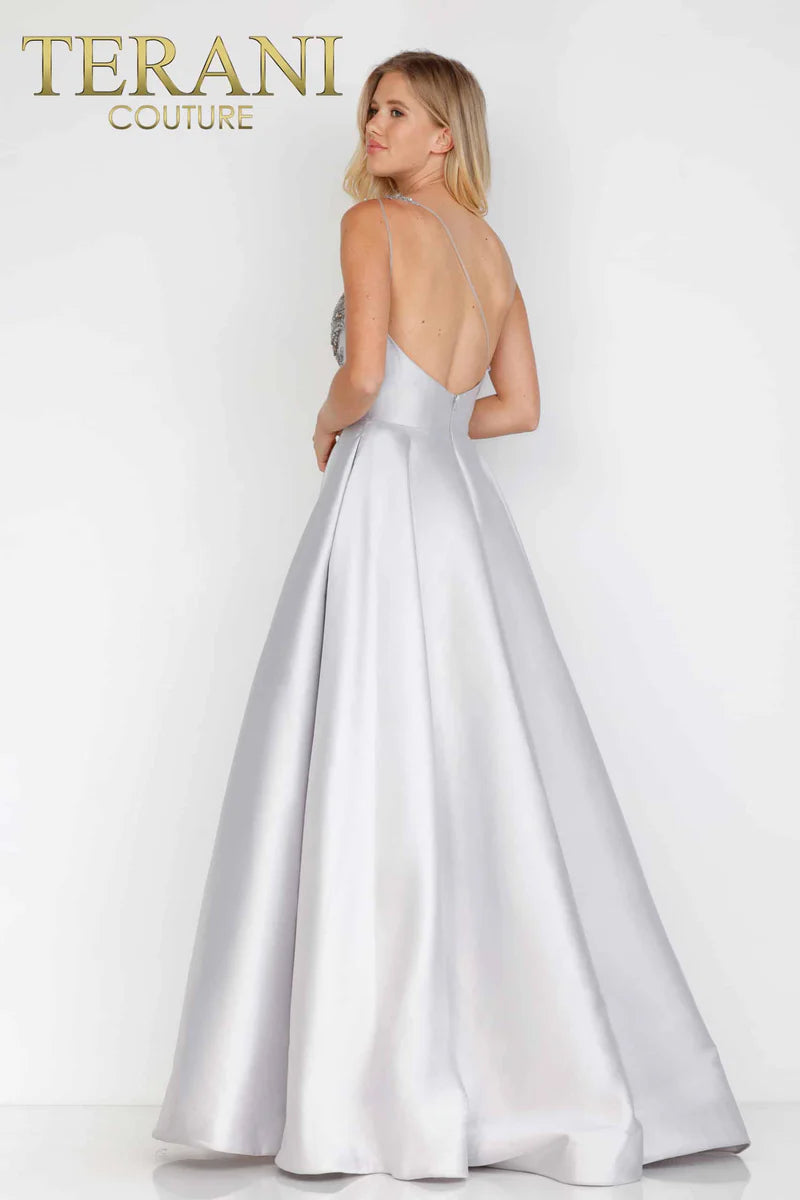 Terani Couture 1912E9202 Silver One-Shoulder Beaded Leaf Motif Mikado Ball Gown with Pockets