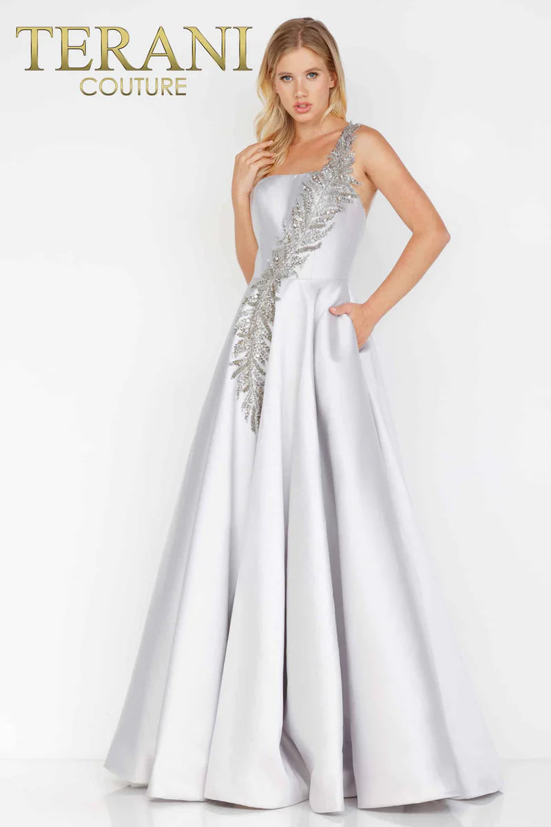 Terani Couture 1912E9202 Silver One-Shoulder Beaded Leaf Motif Mikado Ball Gown with Pockets