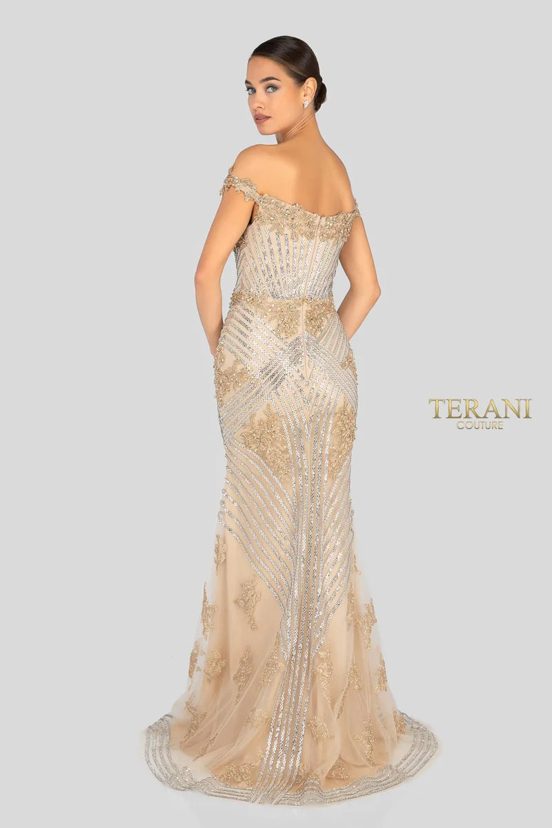 Terani Couture 1912GL9572 Black Sparkling Off-Shoulder Beaded Lace Mermaid Gown with Front Slit