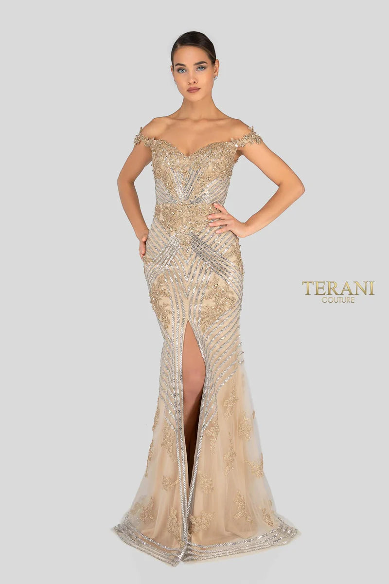 Terani Couture 1912GL9572 Black Sparkling Off-Shoulder Beaded Lace Mermaid Gown with Front Slit