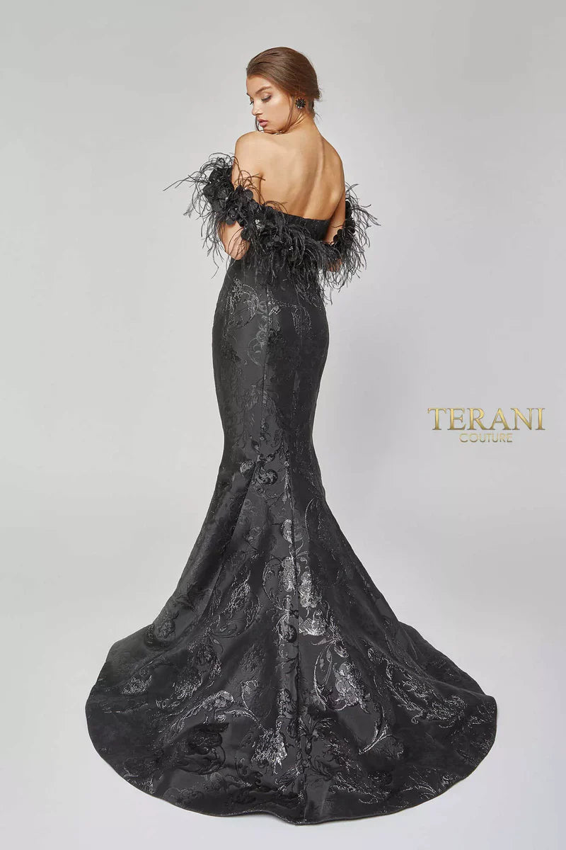 Terani Couture 1921E0136 Pink Strapless Feather Trim Floral Metallic Jacquard Trumpet Gown