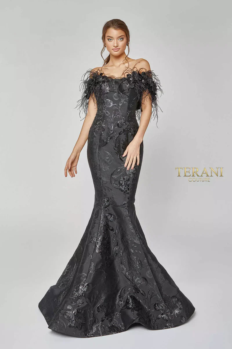 Terani Couture 1921E0136 Pink Strapless Feather Trim Floral Metallic Jacquard Trumpet Gown