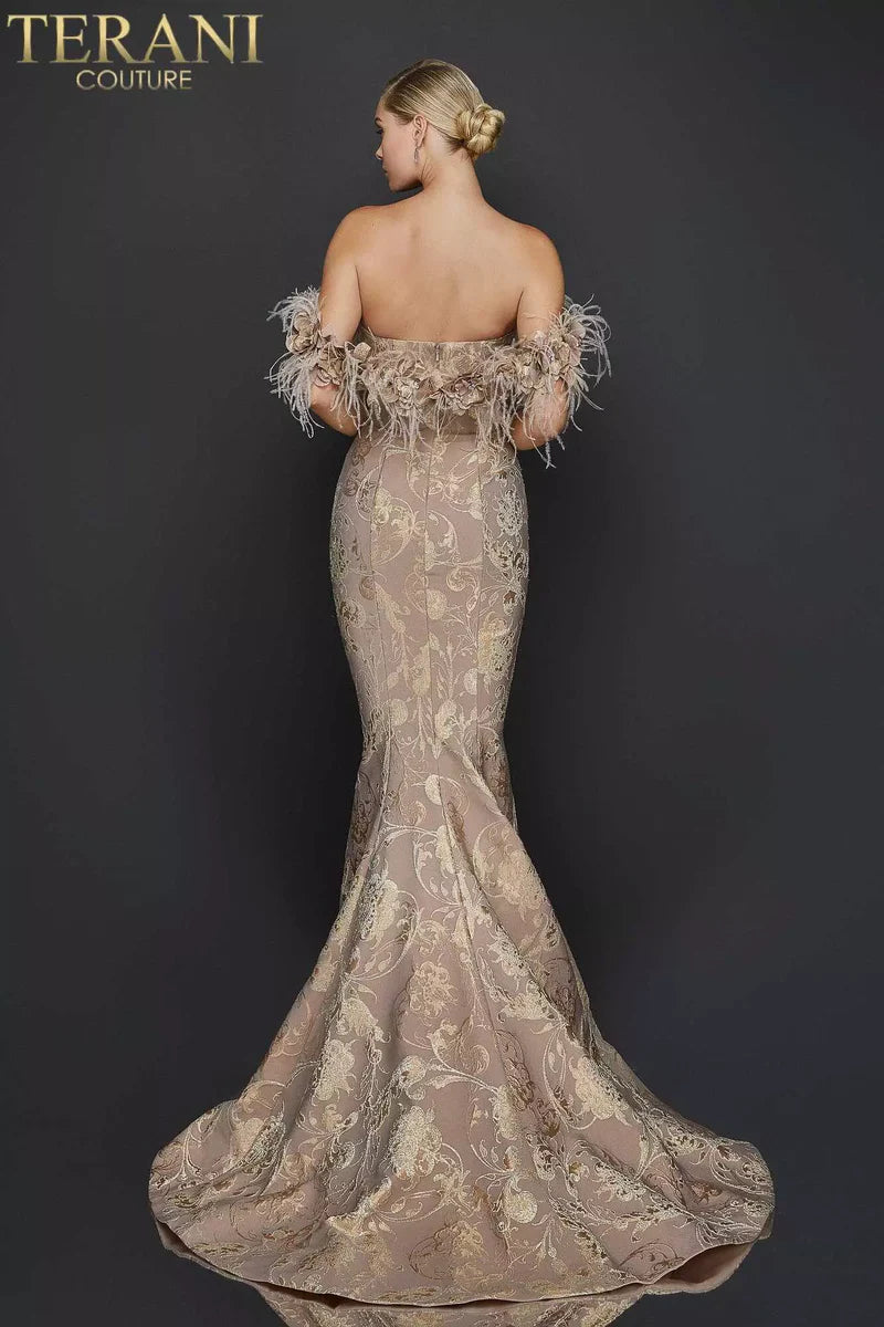 Terani Couture 1921E0136 Pink Strapless Feather Trim Floral Metallic Jacquard Trumpet Gown