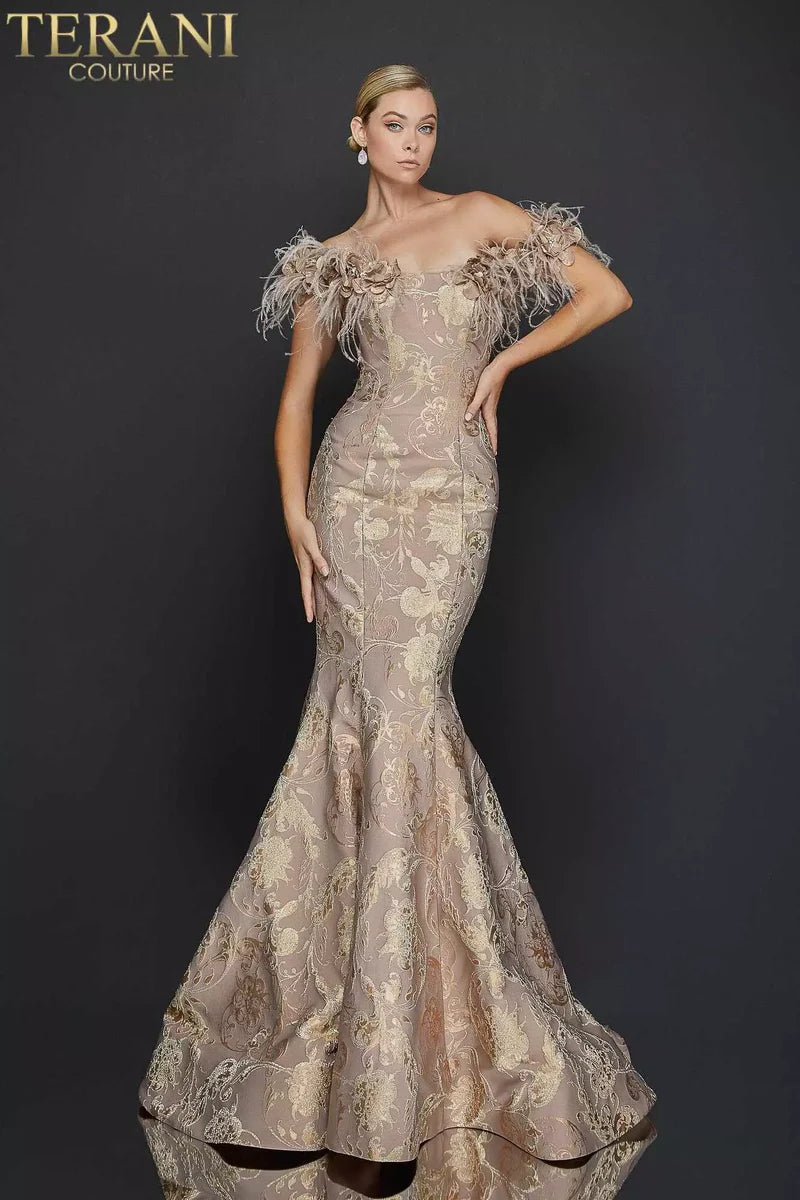 Terani Couture 1921E0136 Pink Strapless Feather Trim Floral Metallic Jacquard Trumpet Gown
