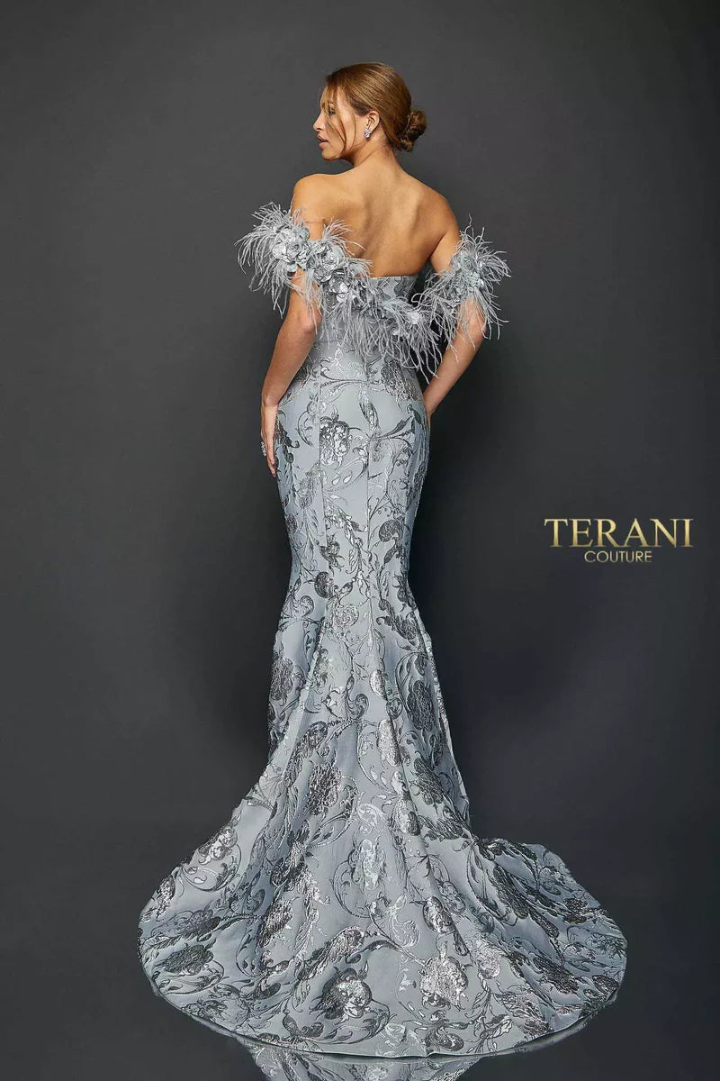 Terani Couture 1921E0136 Pink Strapless Feather Trim Floral Metallic Jacquard Trumpet Gown