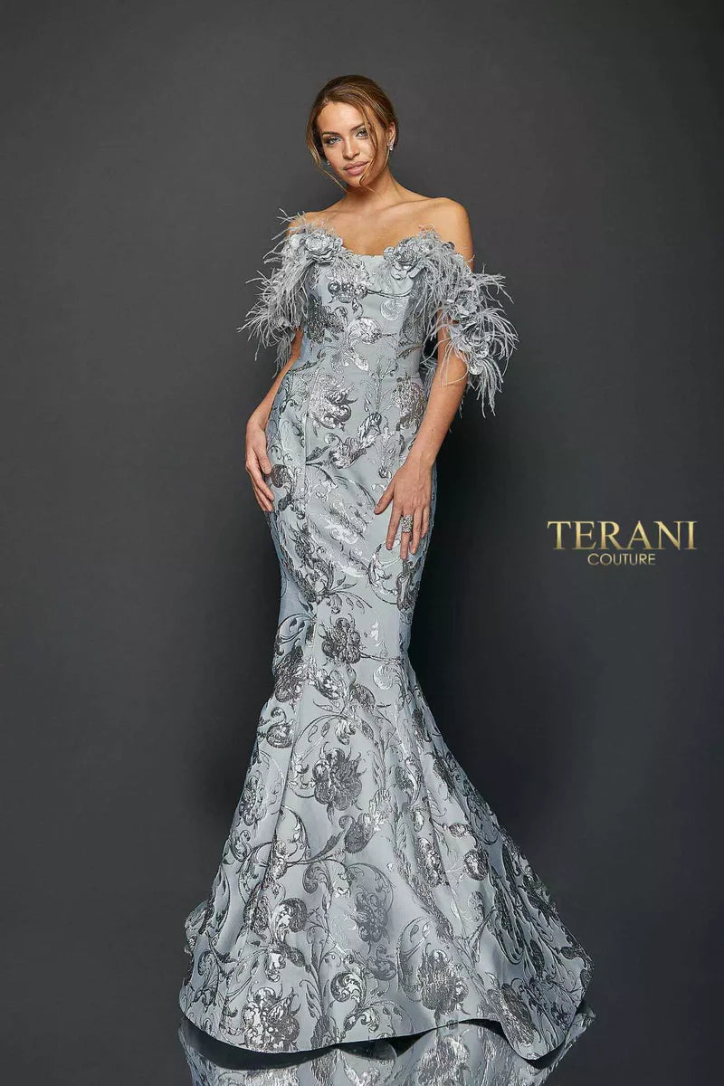 Terani Couture 1921E0136 Pink Strapless Feather Trim Floral Metallic Jacquard Trumpet Gown