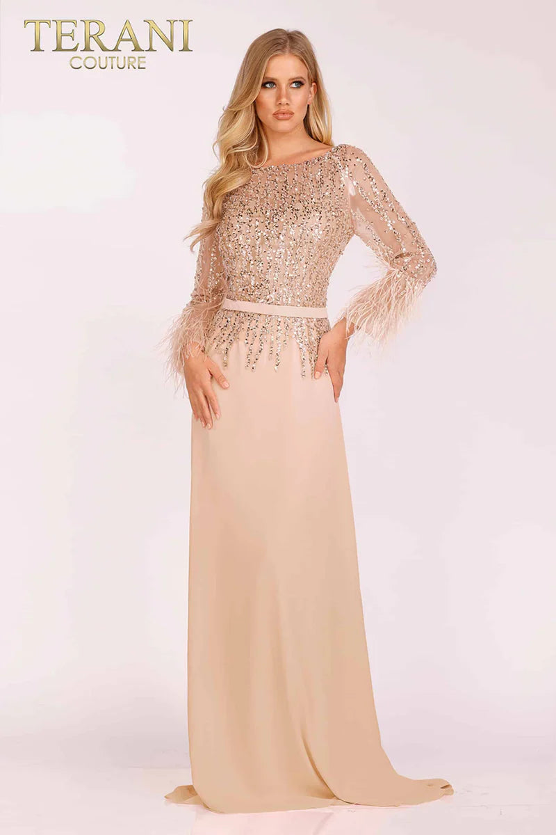 Terani Couture 1921M0473 Pink Beaded Illusion Bodice Chiffon A-Line Gown with Feather Cuffs