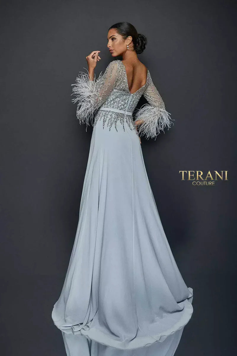 Terani Couture 1921M0473 Pink Beaded Illusion Bodice Chiffon A-Line Gown with Feather Cuffs