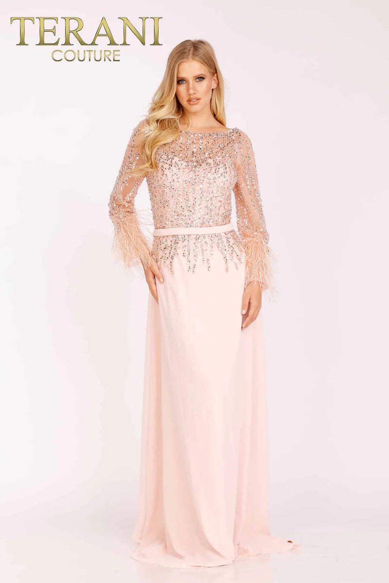 Terani Couture 1921M0473 Pink Beaded Illusion Bodice Chiffon A-Line Gown with Feather Cuffs