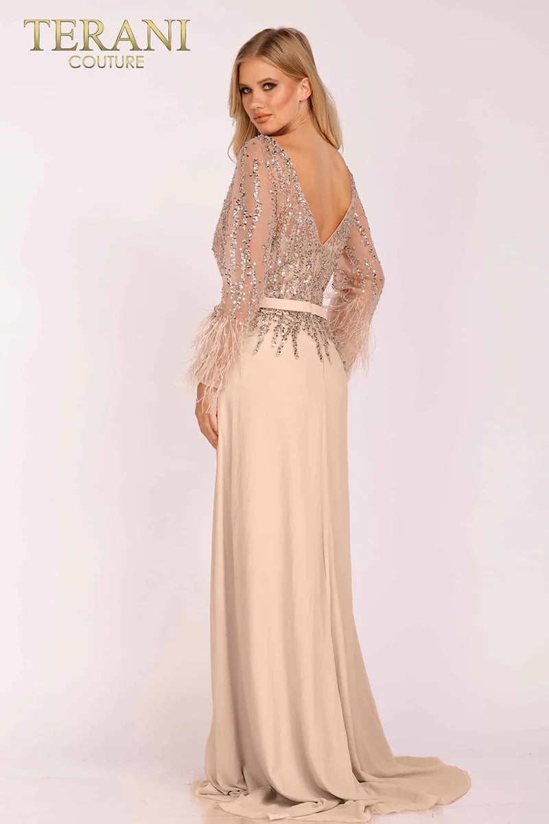 Terani Couture 1921M0473 Pink Beaded Illusion Bodice Chiffon A-Line Gown with Feather Cuffs