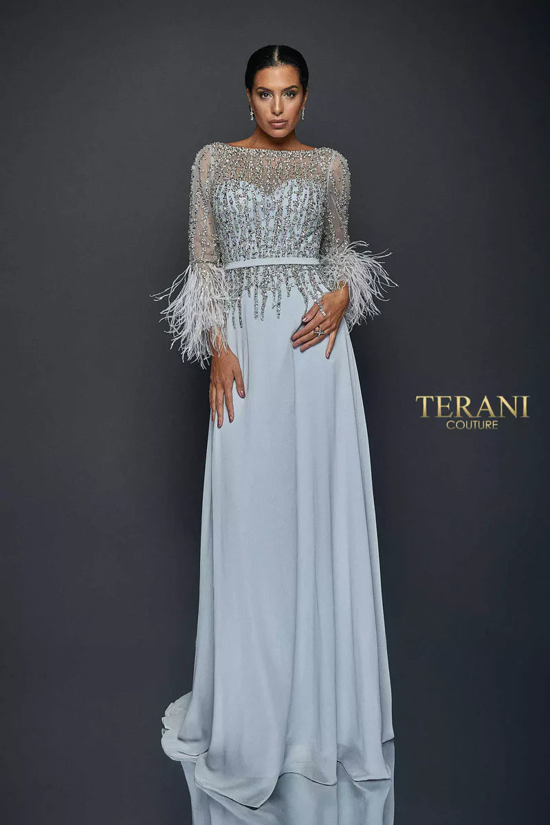 Terani Couture 1921M0473 Pink Beaded Illusion Bodice Chiffon A-Line Gown with Feather Cuffs