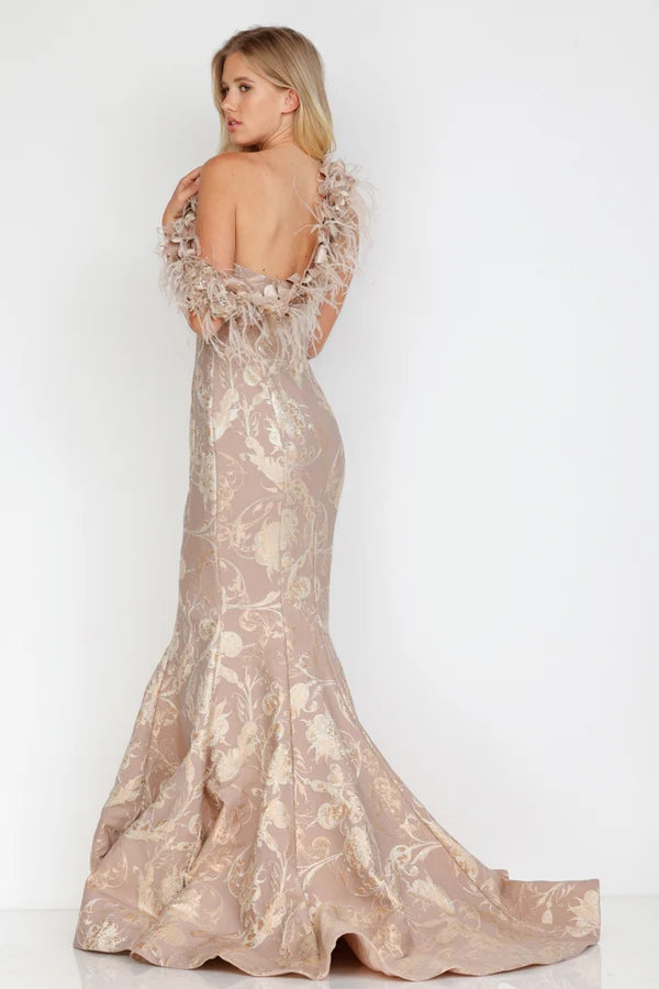 Terani Couture 1921E0136 Pink Strapless Feather Trim Floral Metallic Jacquard Trumpet Gown
