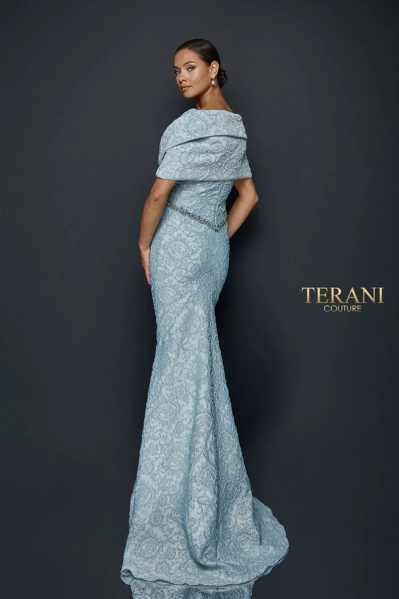 Terani Couture 1921M0726 Pink Draped Off-The-Shoulder Beaded Waist Stretch Jacquard A-Line Gown