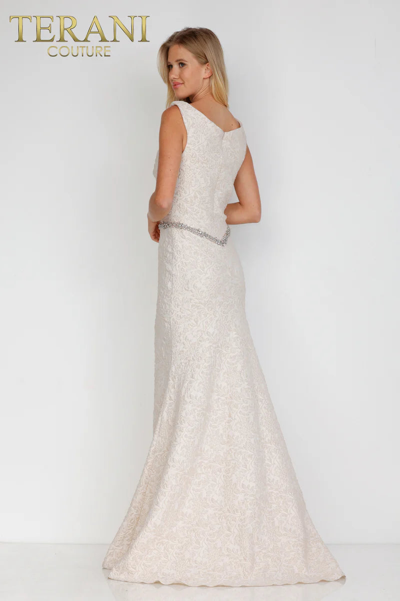 Terani Couture 1921M0726 Pink Draped Off-The-Shoulder Beaded Waist Stretch Jacquard A-Line Gown