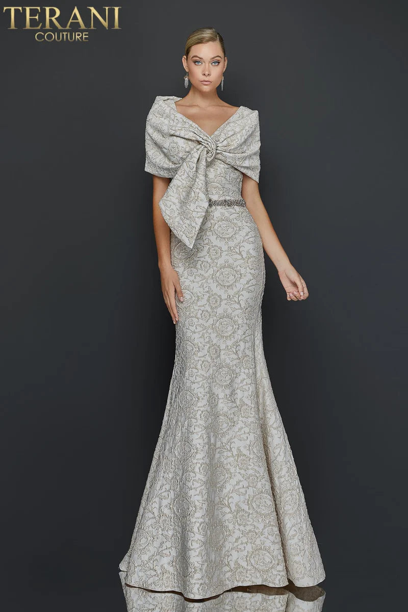 Terani Couture 1921M0726 Pink Draped Off-The-Shoulder Beaded Waist Stretch Jacquard A-Line Gown