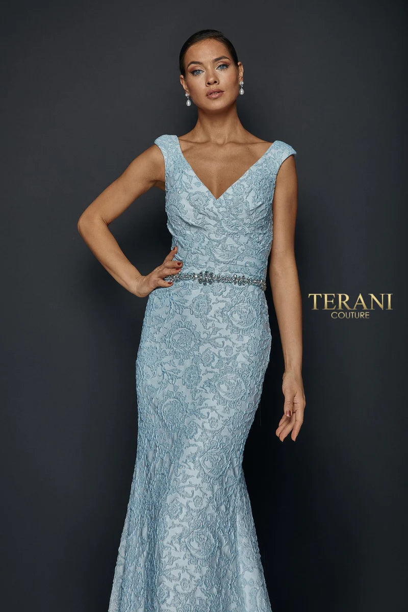 Terani Couture 1921M0726 Pink Draped Off-The-Shoulder Beaded Waist Stretch Jacquard A-Line Gown