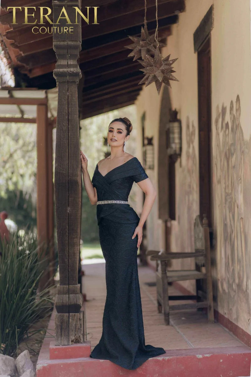 Terani Couture 1921M0727 Navy Pleated Mock Two-Piece Beaded Belt Textured Jacquard Evening Gown
