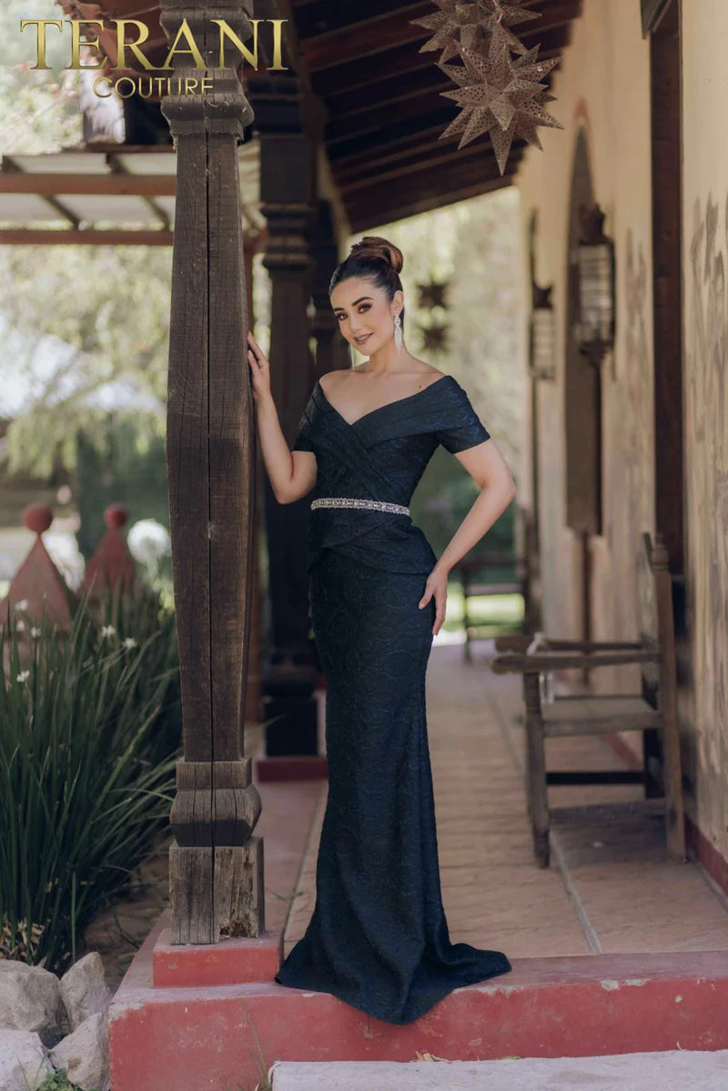 Terani Couture 1921M0727 Navy Pleated Mock Two-Piece Beaded Belt Textured Jacquard Evening Gown
