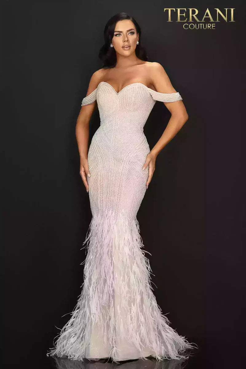 Terani Couture 2011GL2175 Silver Off-Shoulder Pearl & Beaded Tulle Pageant Gown with Feathered Skirt