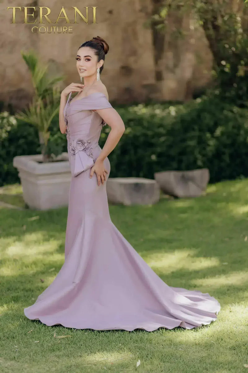 Terani Couture 2011M2160 Navy One-Shoulder Draped 3D Floral Stretch Mikado Trumpet Gown