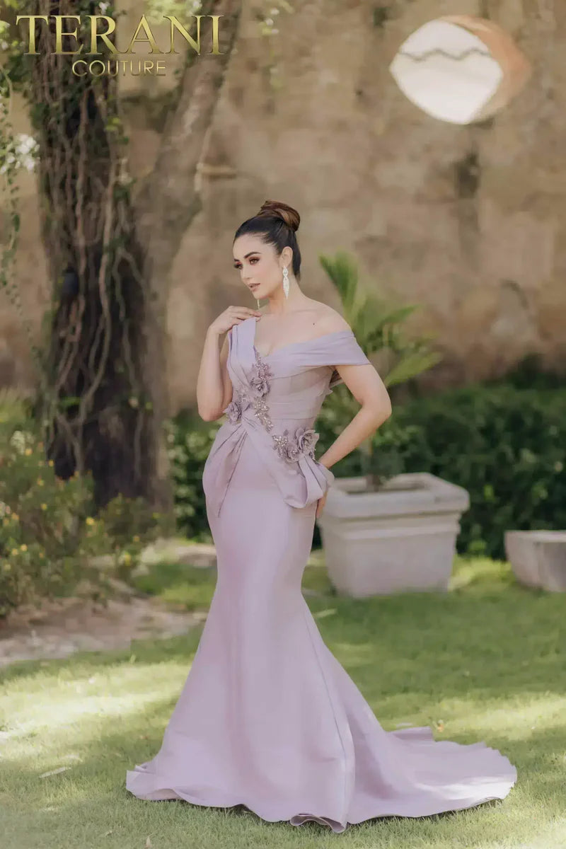 Terani Couture 2011M2160 Navy One-Shoulder Draped 3D Floral Stretch Mikado Trumpet Gown