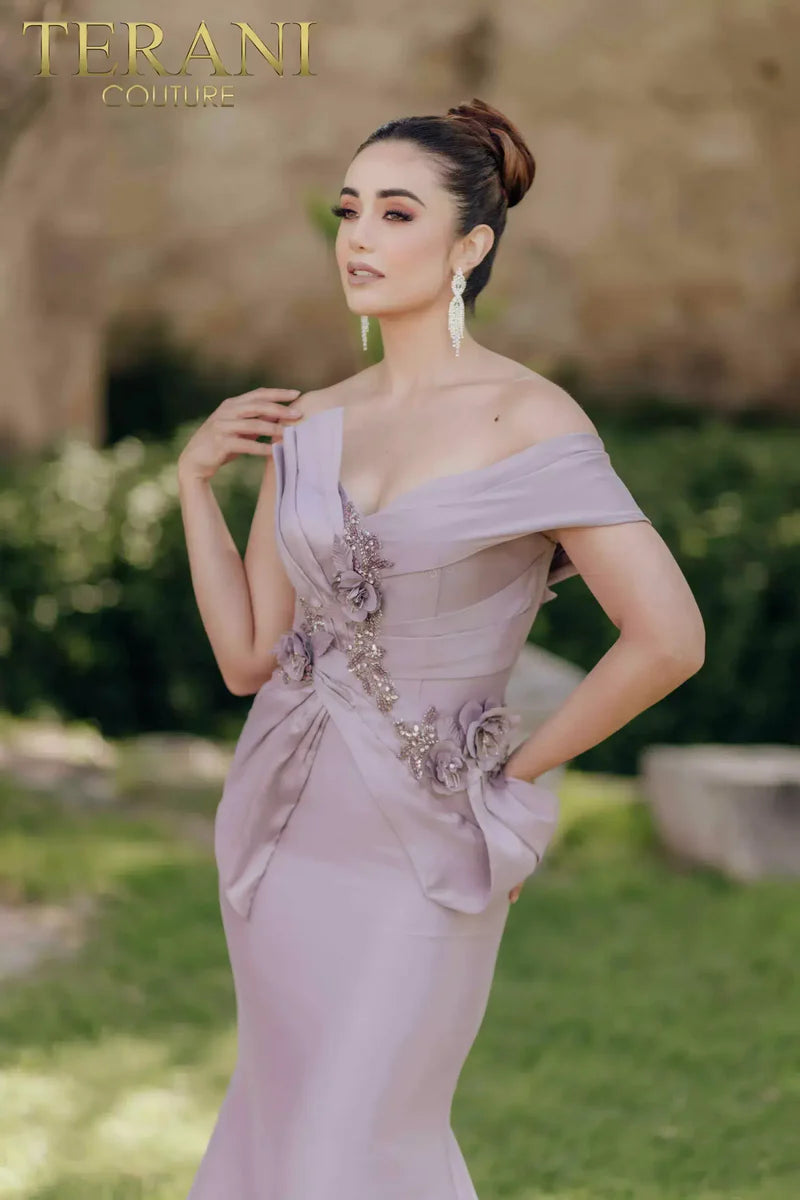Terani Couture 2011M2160 Navy One-Shoulder Draped 3D Floral Stretch Mikado Trumpet Gown
