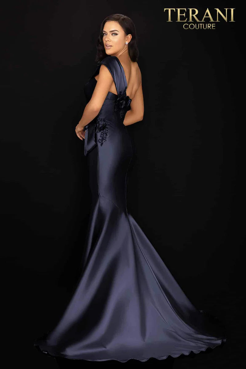 Terani Couture 2011M2160 Navy One-Shoulder Draped 3D Floral Stretch Mikado Trumpet Gown