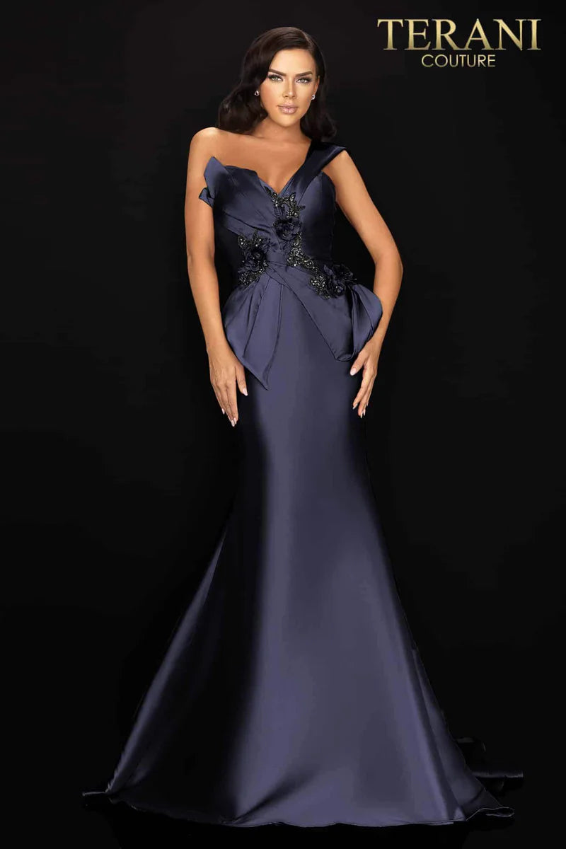 Terani Couture 2011M2160 Navy One-Shoulder Draped 3D Floral Stretch Mikado Trumpet Gown