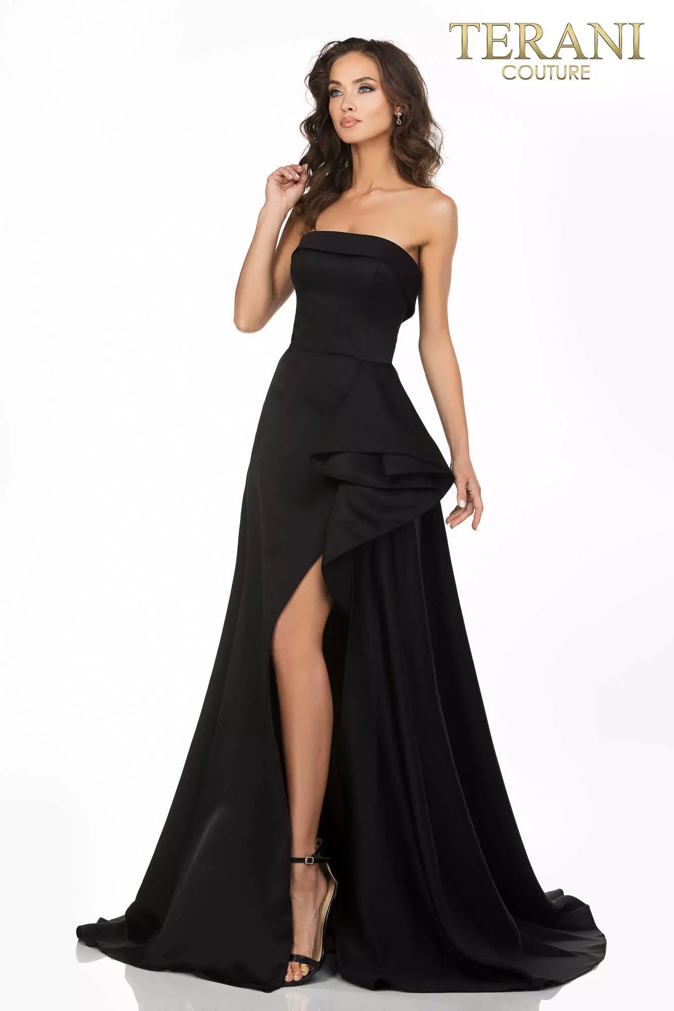 Terani Couture 2012P1288 Strapless A-line evening gown with a cascading peplum